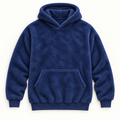 AZUKI navy textured fleece pullover hoodie, front flat lay; AI-edited color visualization with fine directional pile based on supplier garment and texture photos.