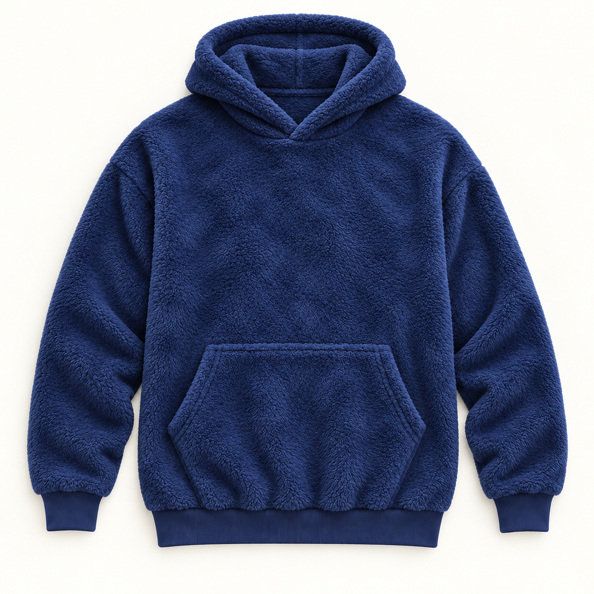 AZUKI navy textured fleece pullover hoodie, front flat lay; AI-edited color visualization with fine directional pile based on supplier garment and texture photos.