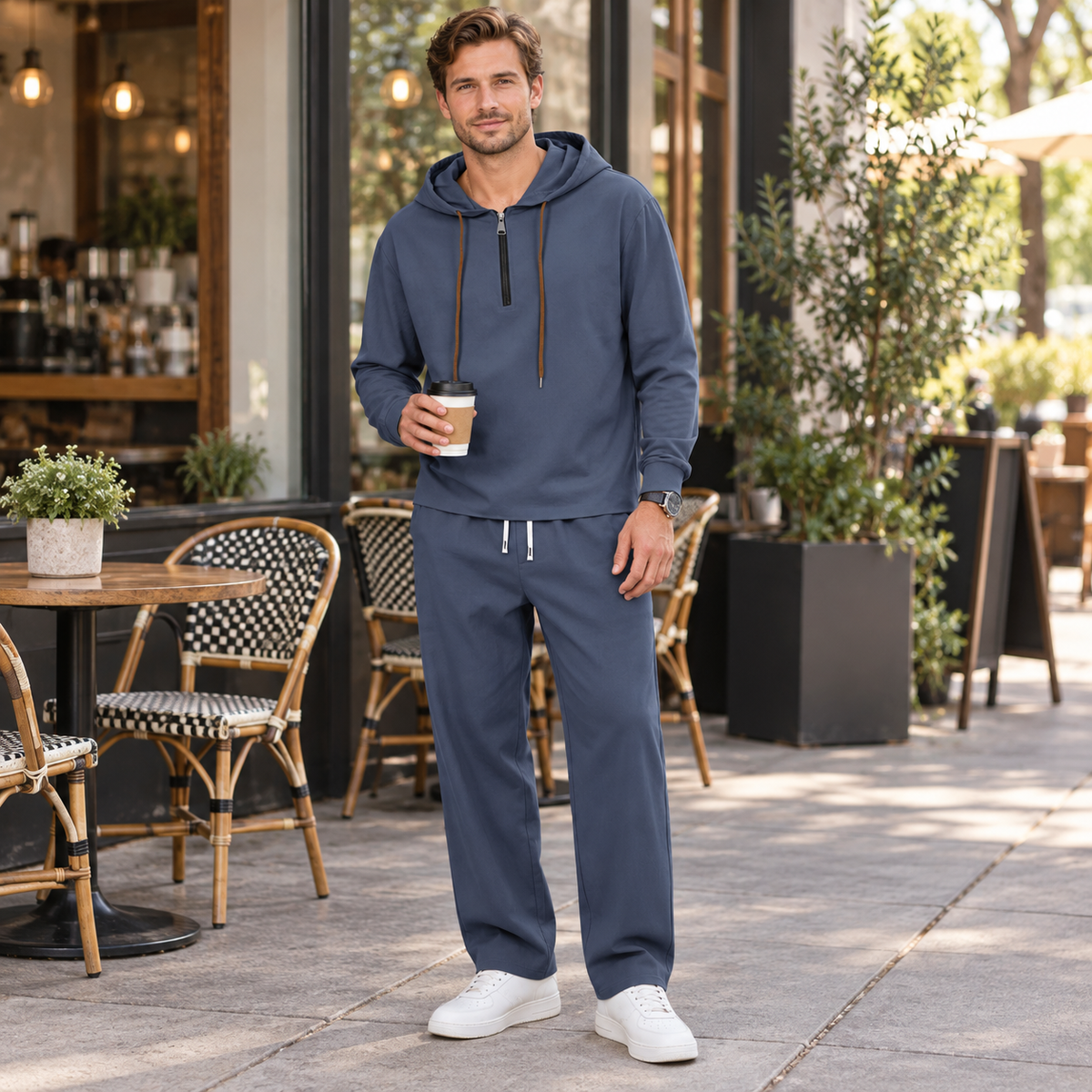 Men's Half-Zip Hoodie & Drawstring Pants Set styled at a cafe terrace