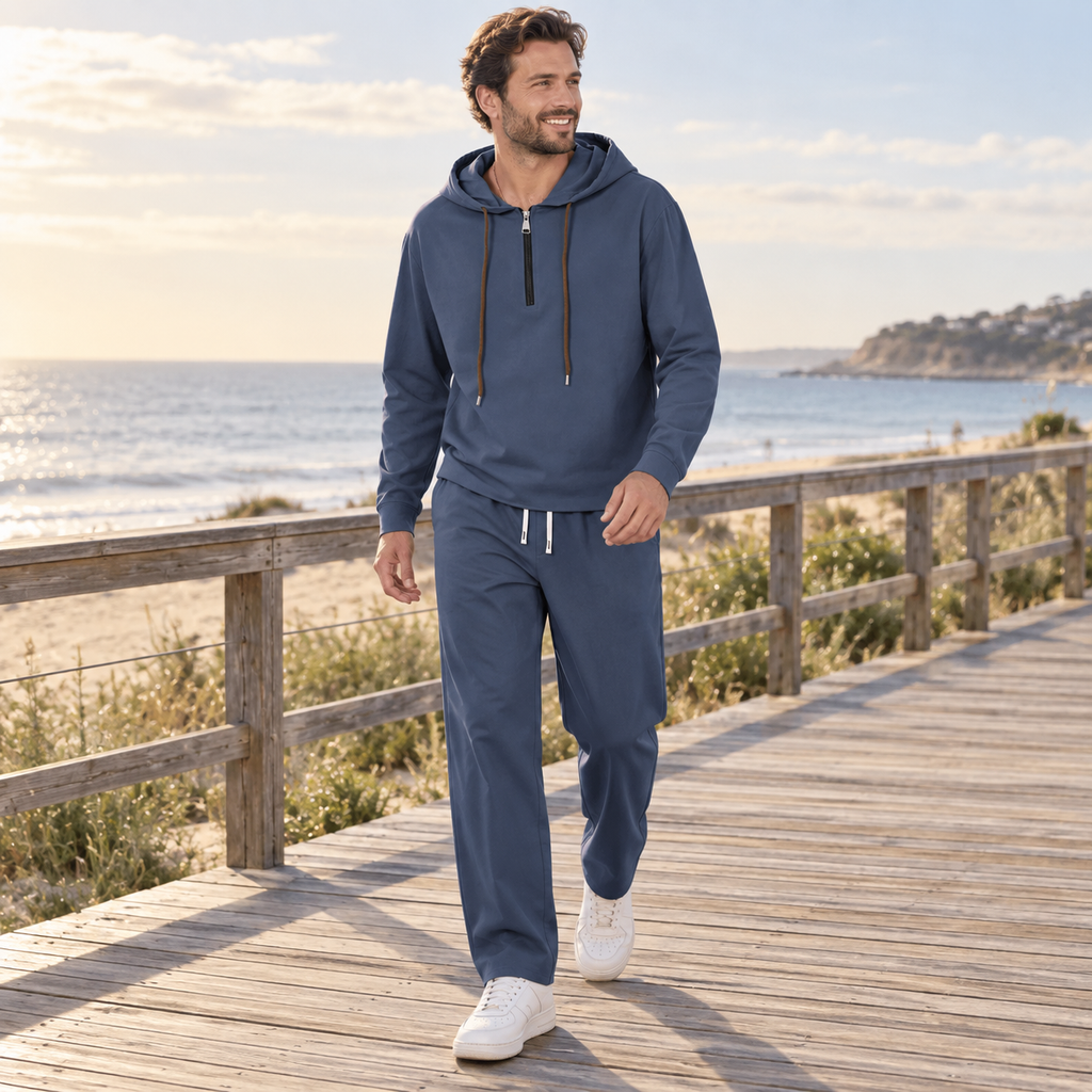 Men's Half-Zip Hoodie & Drawstring Pants Set styled at a coastal boardwalk