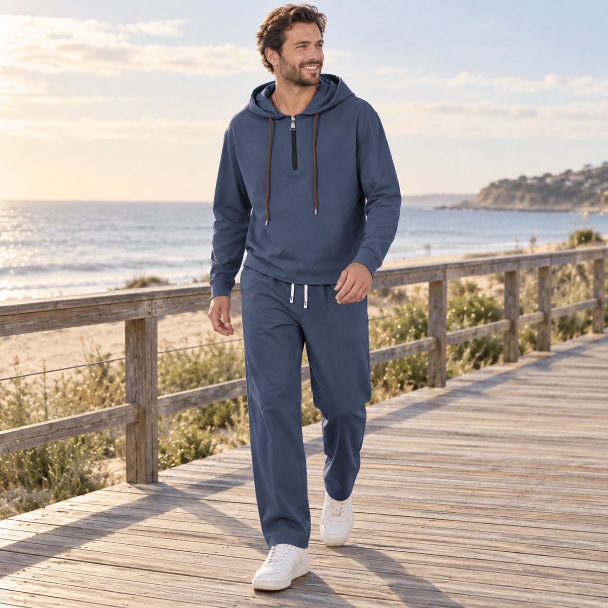 Men's Half-Zip Hoodie & Drawstring Pants Set styled at a coastal boardwalk