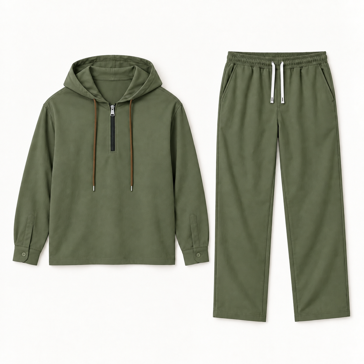 Army Green half-zip hoodie and pants set product flat-lay