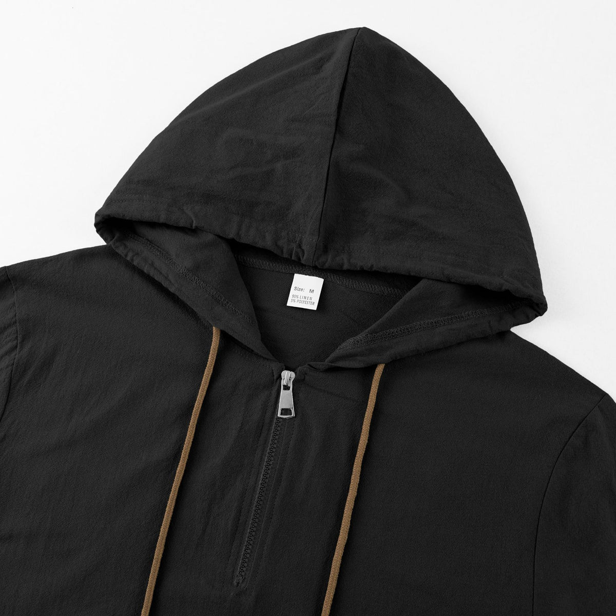Black half-zip hoodie neckline and brown drawstrings