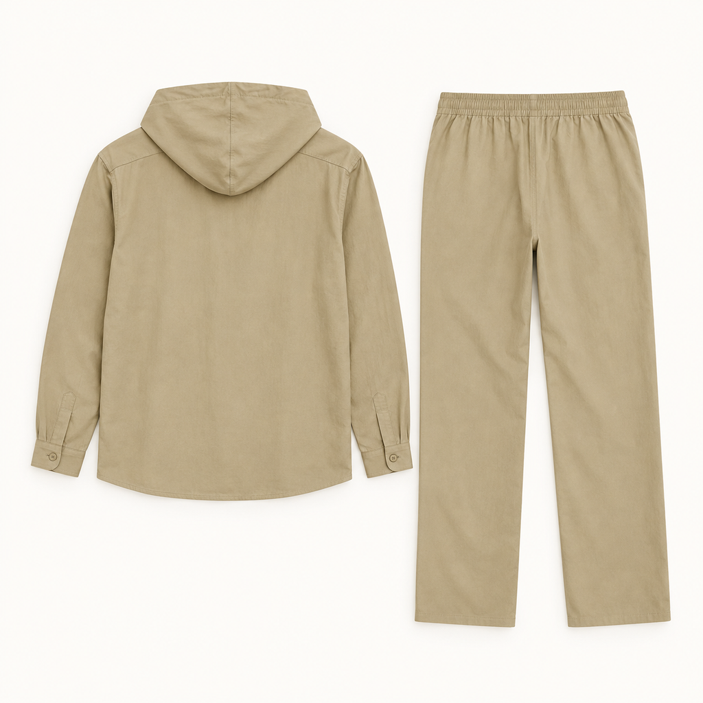 Khaki hoodie and pants set back flat-lay