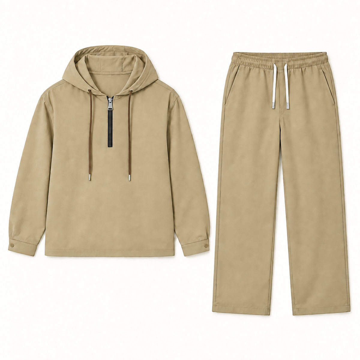 Khaki half-zip hoodie and pants set front flat-lay