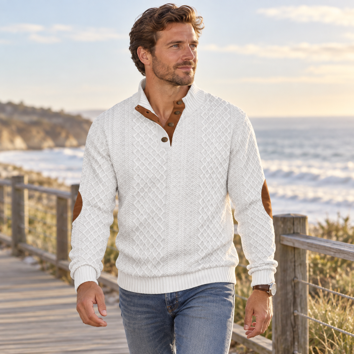 Men's Textured Stand-Collar Pullover styled at a coastal boardwalk