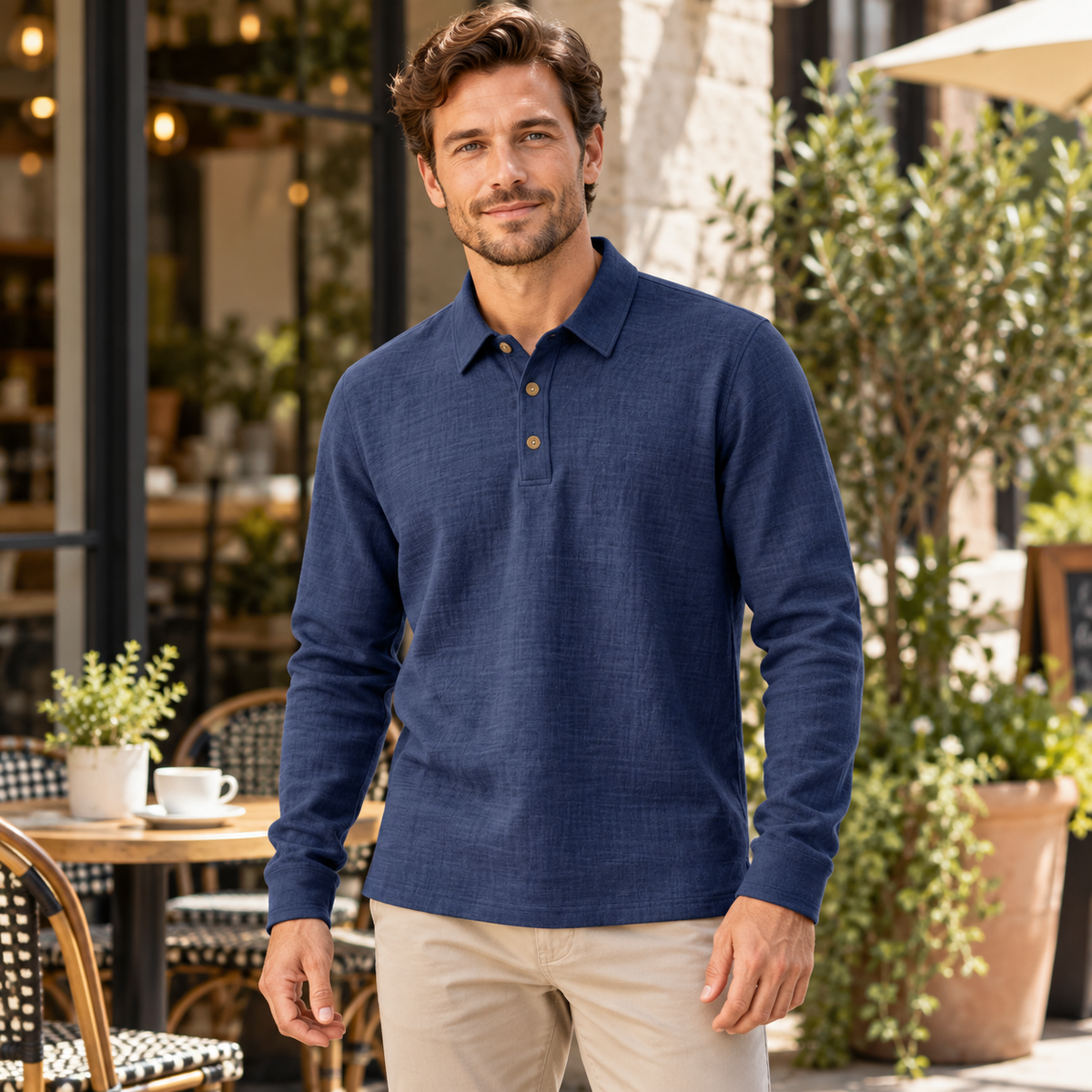 Men's Linen-Blend Long-Sleeve Polo Shirt styled at a cafe terrace