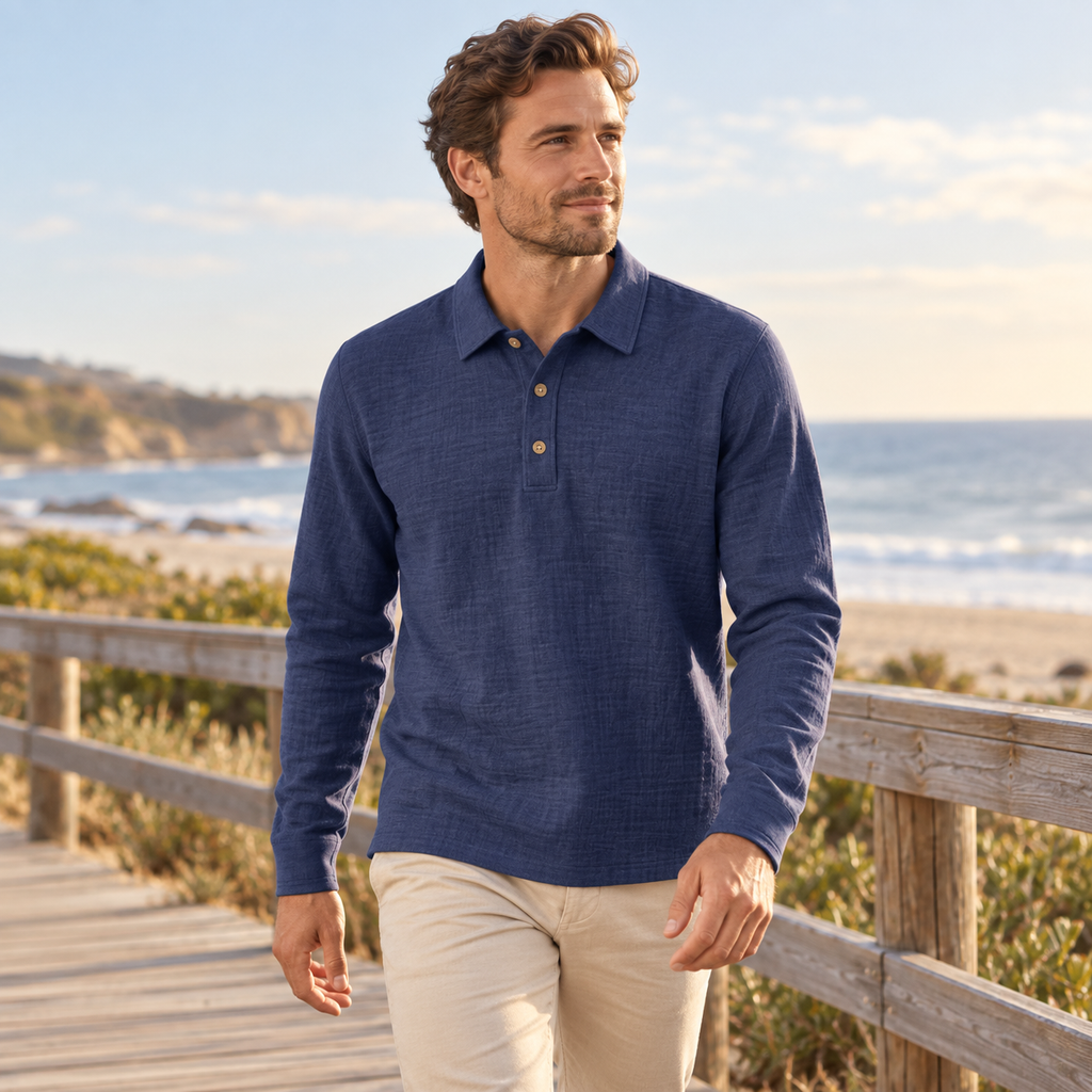Men's Linen-Blend Long-Sleeve Polo Shirt styled at a coastal boardwalk