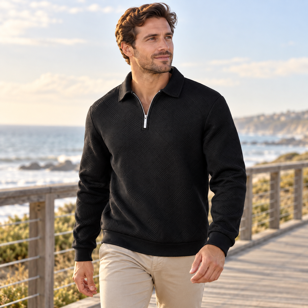 Men's Textured Quarter-Zip Collared Pullover styled at a coastal boardwalk