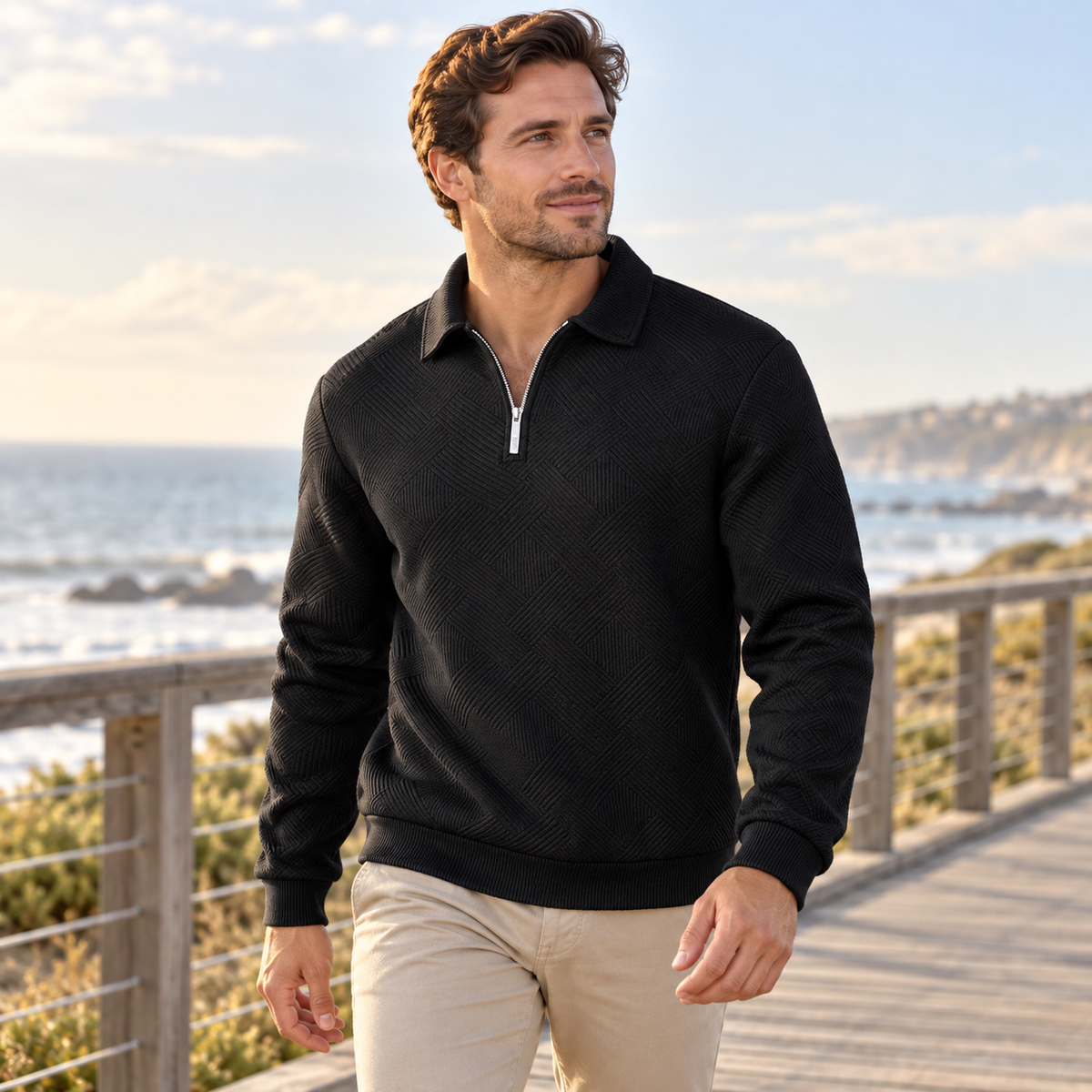 Men's Textured Quarter-Zip Collared Pullover styled at a coastal boardwalk