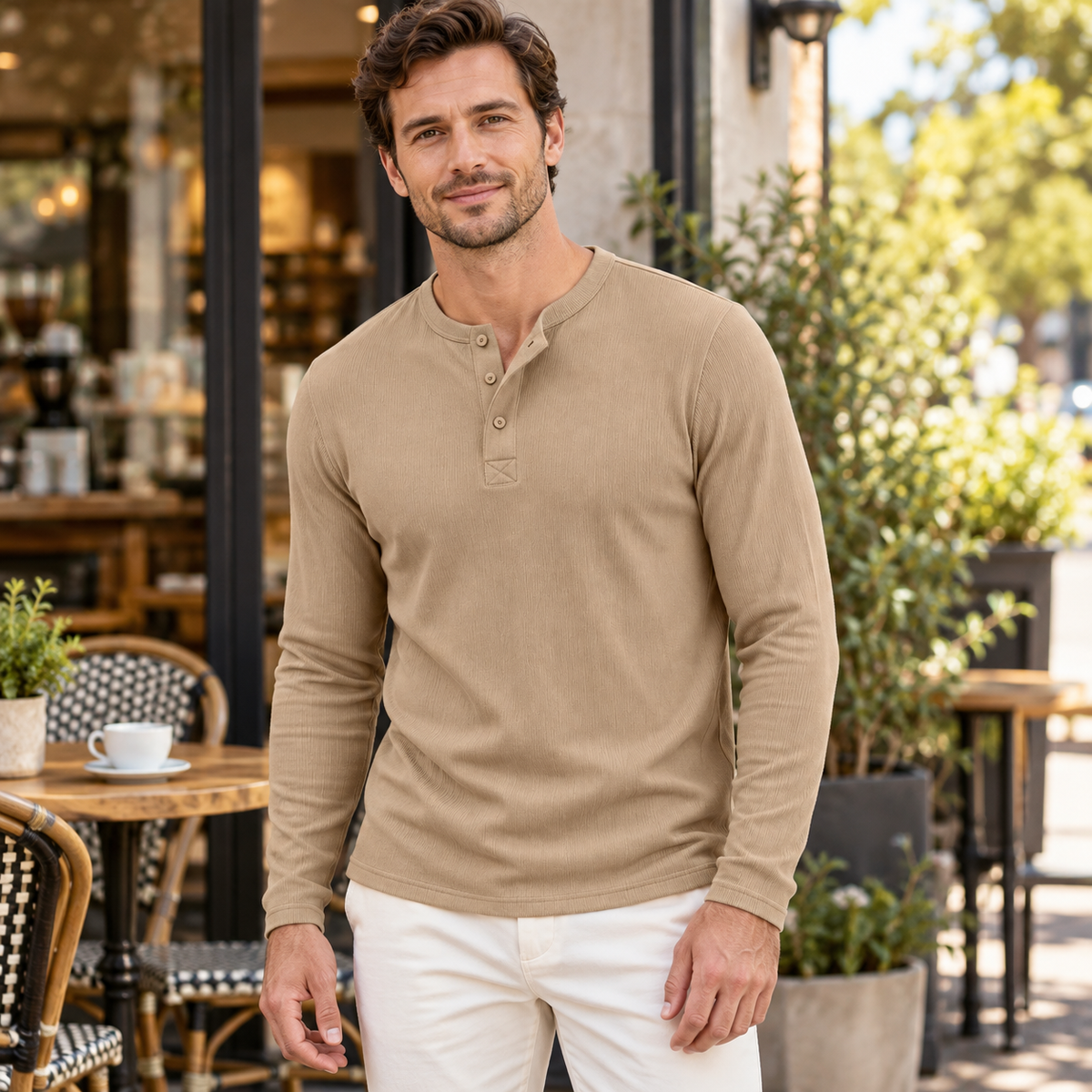 Khaki textured long-sleeve Henley styled at a cafe terrace