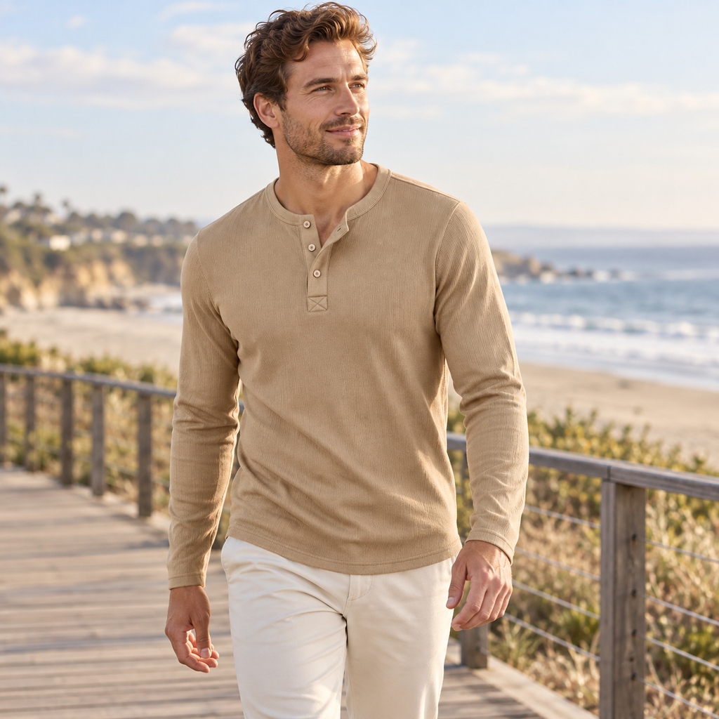 Men's Textured Long-Sleeve Henley styled at a coastal boardwalk