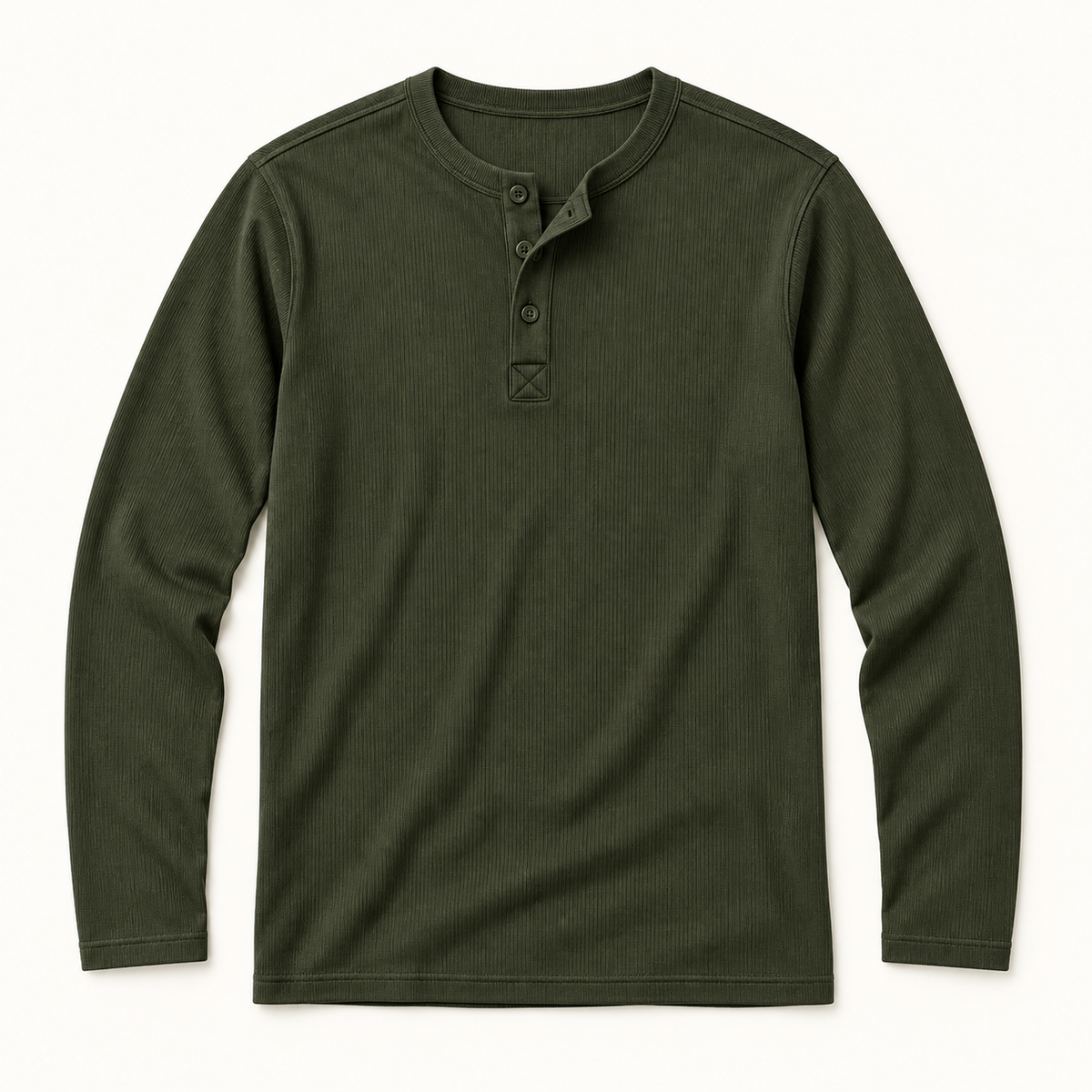 Army Green textured long-sleeve Henley product flat-lay