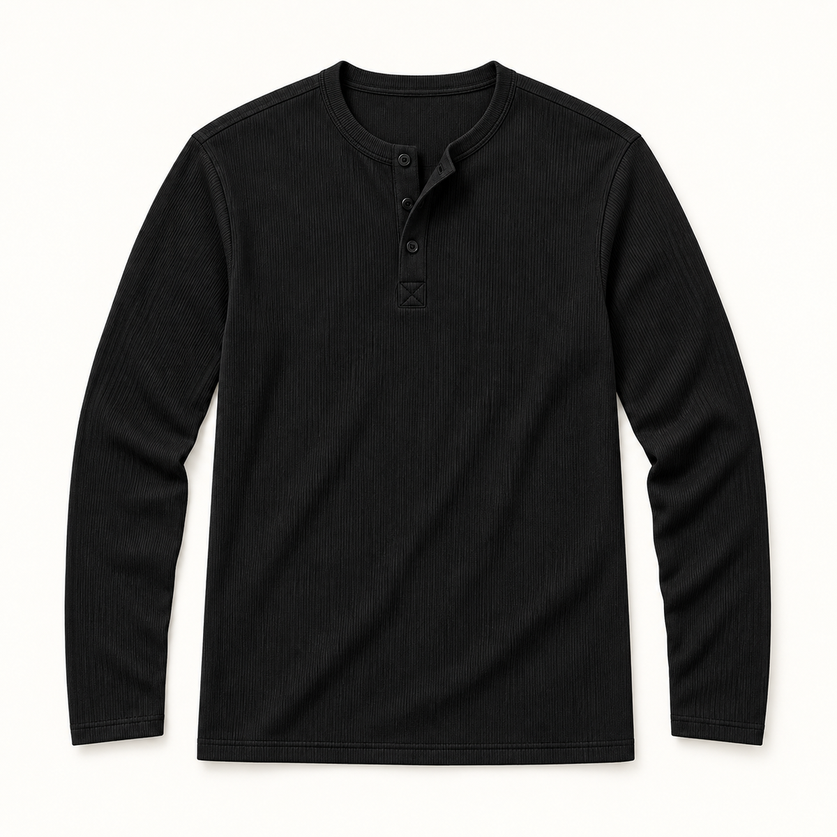 Black textured long-sleeve Henley product flat-lay