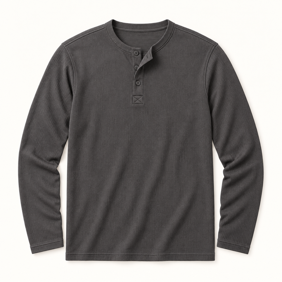 Gray textured long-sleeve Henley product flat-lay