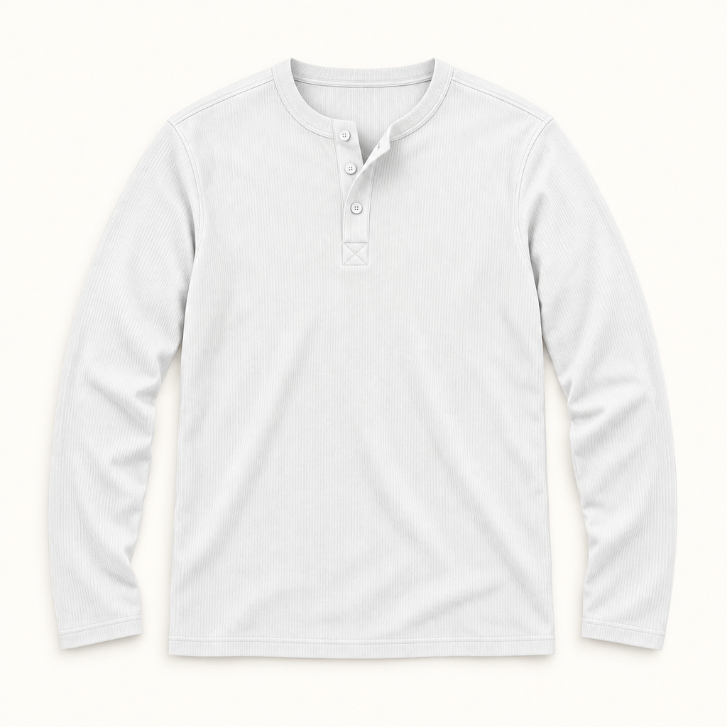 White textured long-sleeve Henley product flat-lay