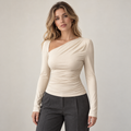 Beige asymmetric neckline long-sleeve top with ruched waist, front view