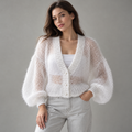 AZUKI white open-knit cardigan with a deep V-neck and balloon sleeves, AI-styled front view