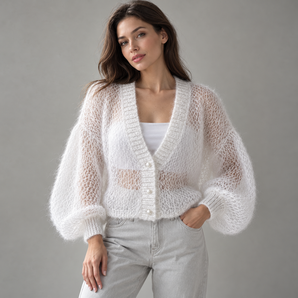 AZUKI white open-knit cardigan with a deep V-neck and balloon sleeves, AI-styled front view