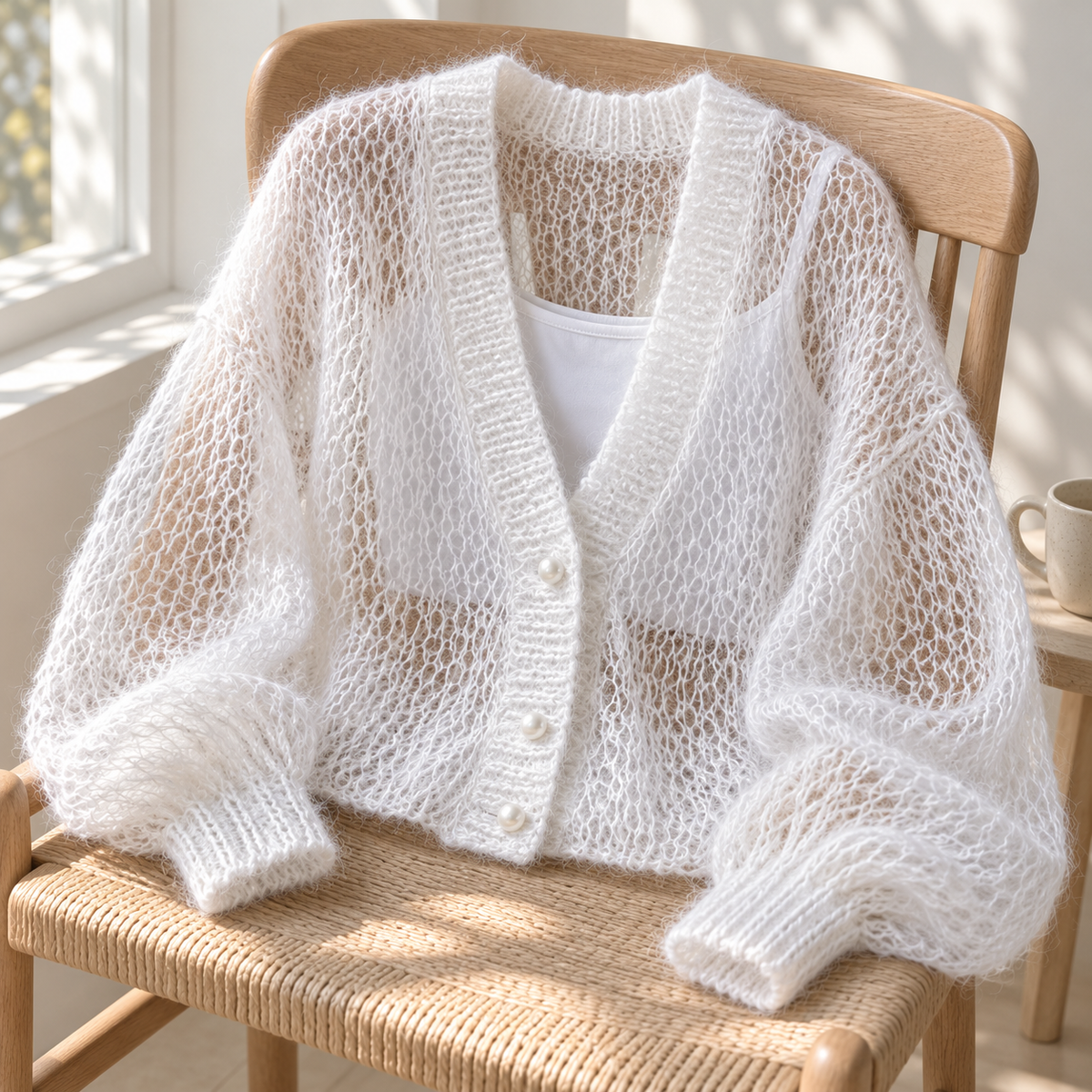 AZUKI white open-knit cardigan with three pearl-effect buttons draped over a chair, AI-styled view