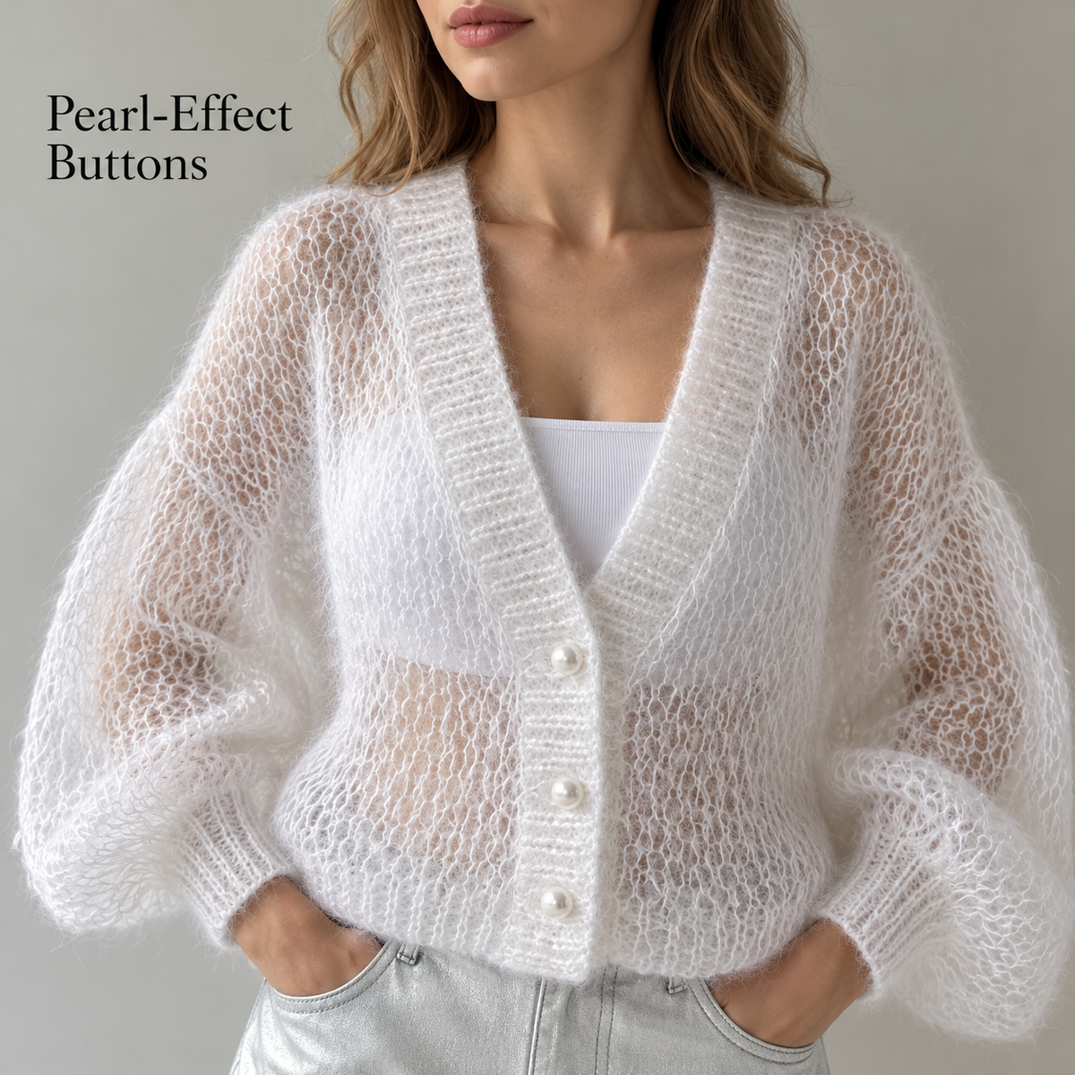 AZUKI white cardigan V-neck and three pearl-effect buttons, AI-styled detail