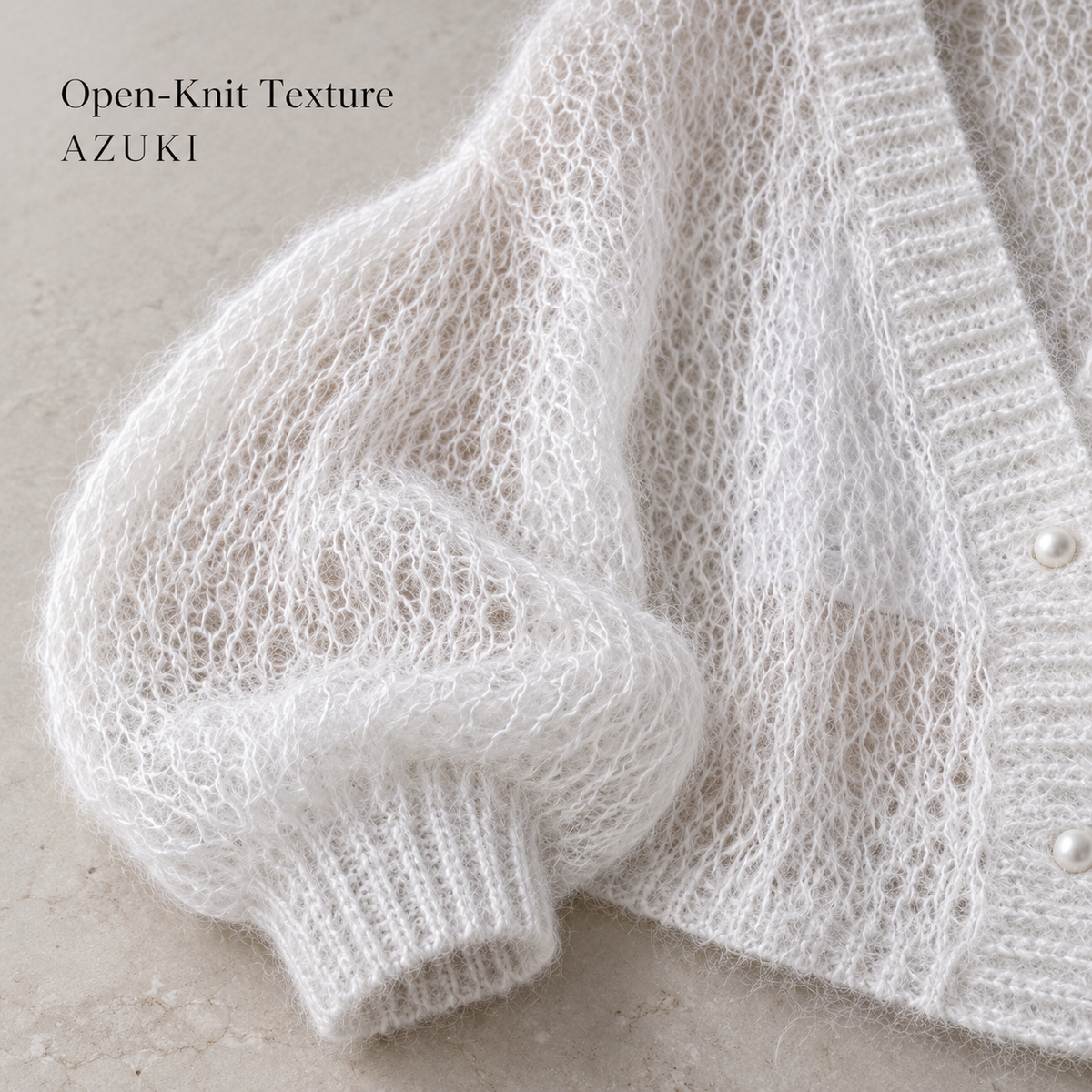 AZUKI white cardigan open-knit texture and ribbed cuff, AI-styled detail