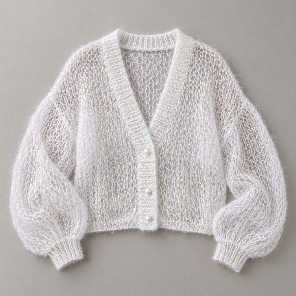 AZUKI white open-knit cardigan with three buttons and balloon sleeves, AI-styled flat lay