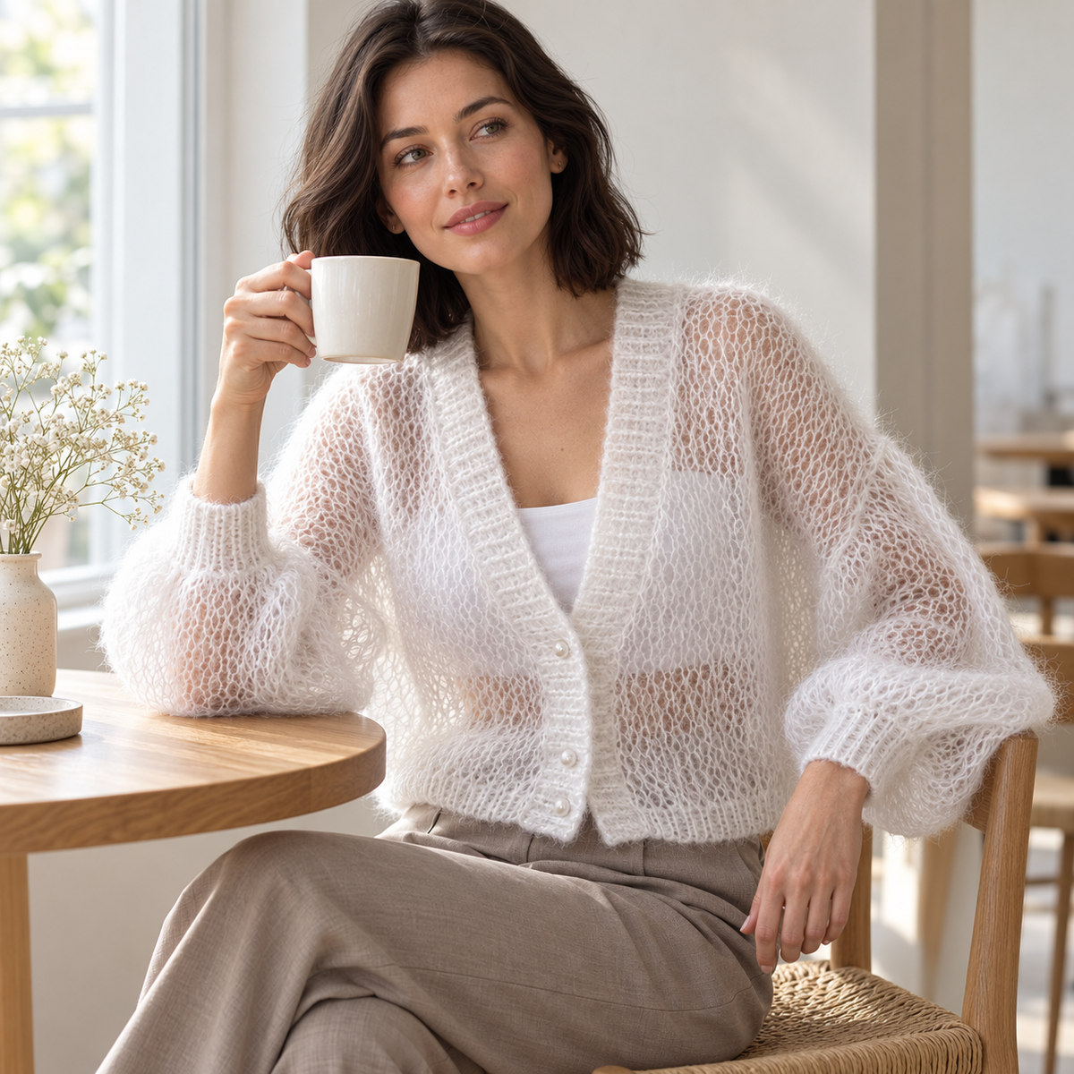 AZUKI white open-knit cardigan styled over a white camisole at a cafe, AI-styled view