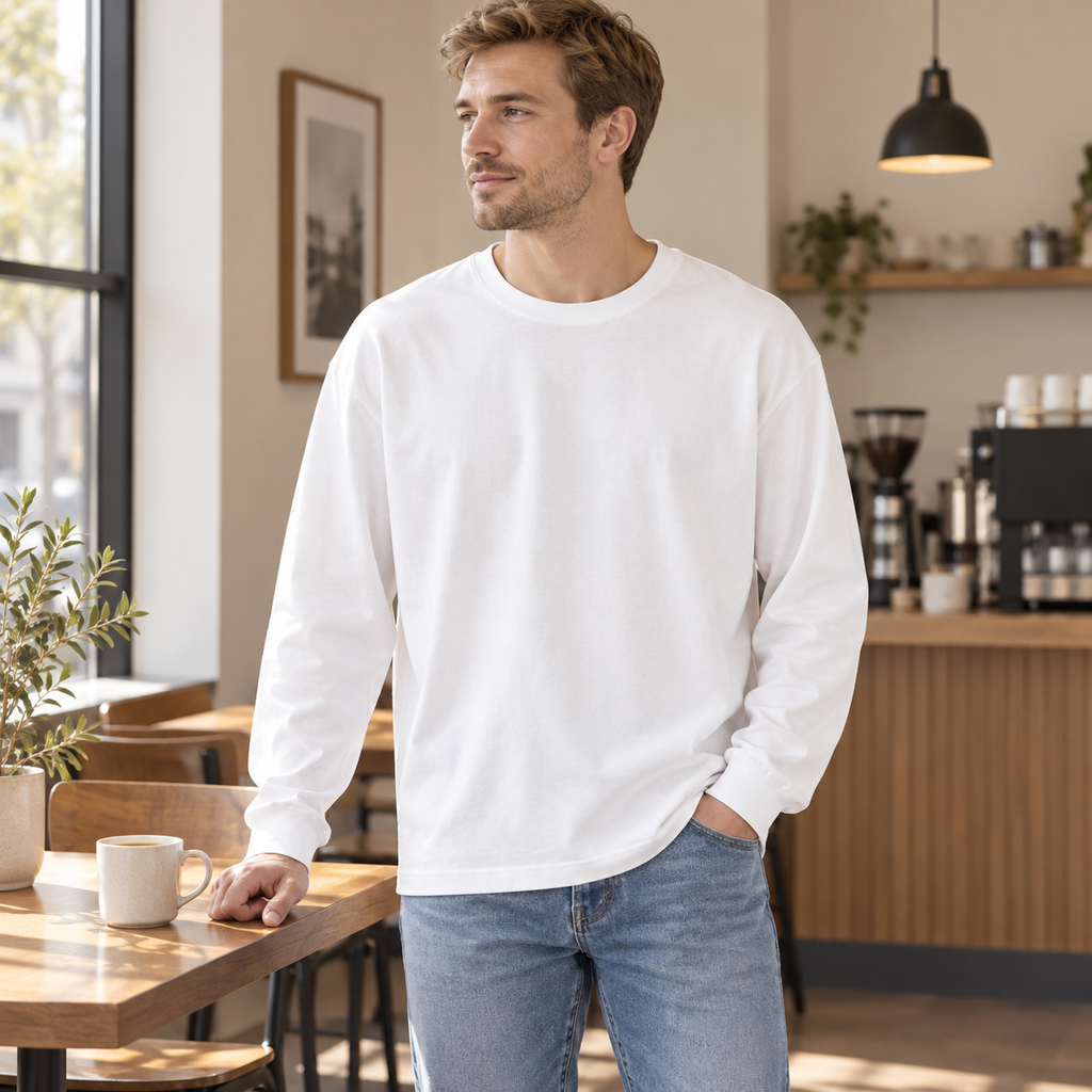 White relaxed crewneck long-sleeve top styled in a cafe