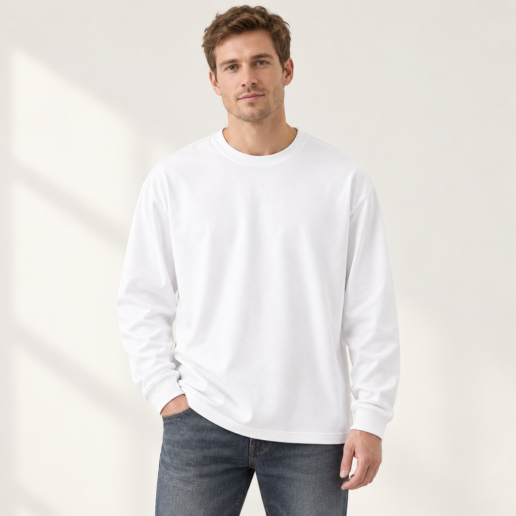 White relaxed crewneck long-sleeve top, front view