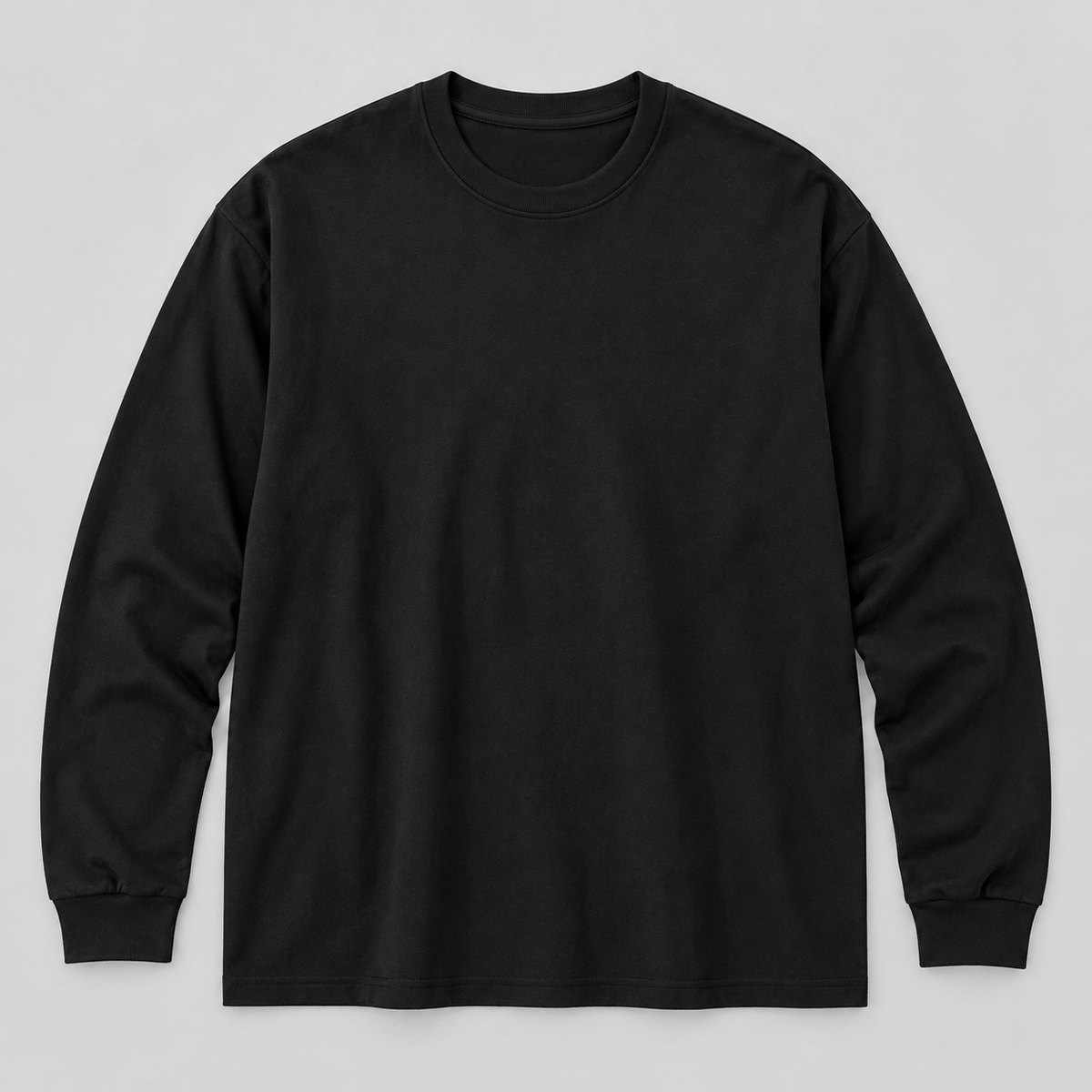 Black 300 gsm long-sleeve T-shirt, AI-edited product-only front view