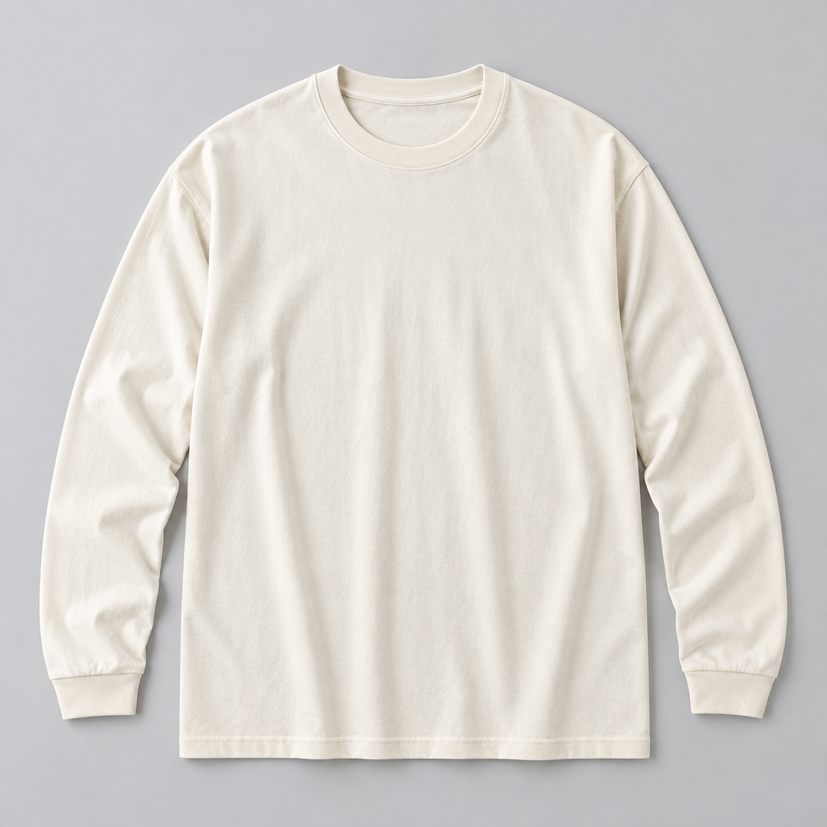 Beige 300 gsm long-sleeve T-shirt, AI-edited product-only front view