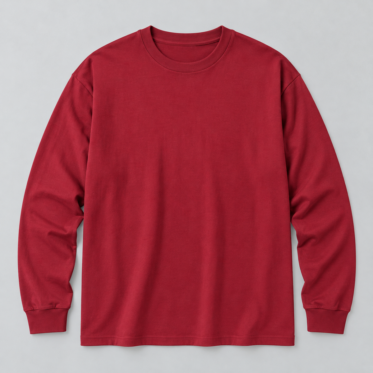 Burgundy 300 gsm long-sleeve T-shirt, AI-edited product-only front view