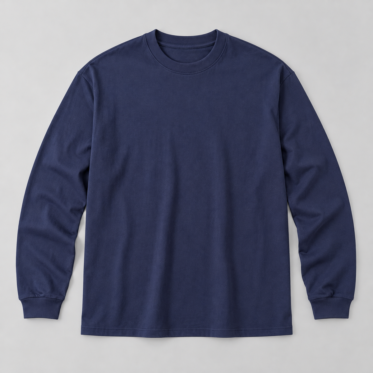 Navy 300 gsm long-sleeve T-shirt, AI-edited product-only front view