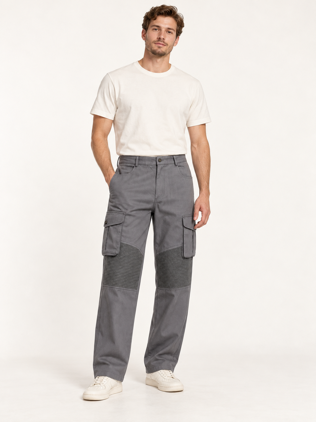 AZUKI gray straight-leg cargo pants with ribbed knee panels on an adult male model; AI-assisted styling image