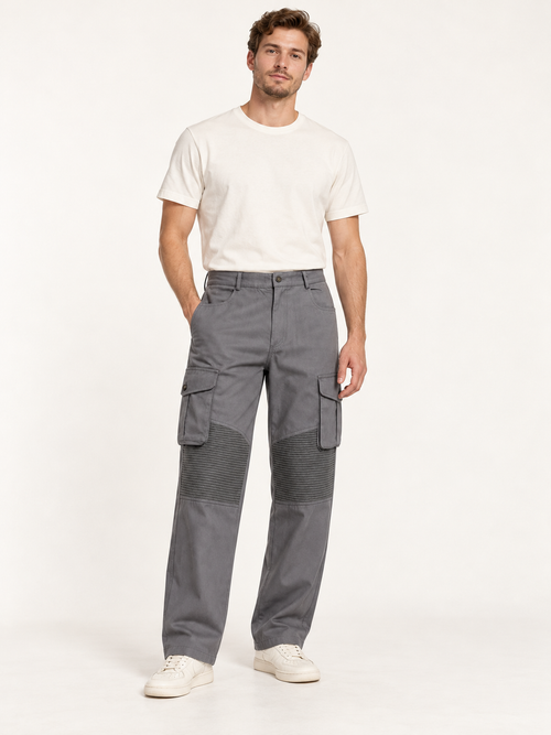 AZUKI gray straight-leg cargo pants with ribbed knee panels on an adult male model; AI-assisted styling image