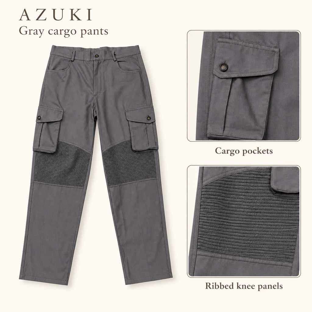 AZUKI gray cargo pants with ribbed knee panels product details