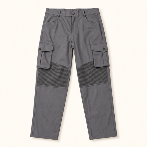 AZUKI gray cargo pants with ribbed knee panels front view
