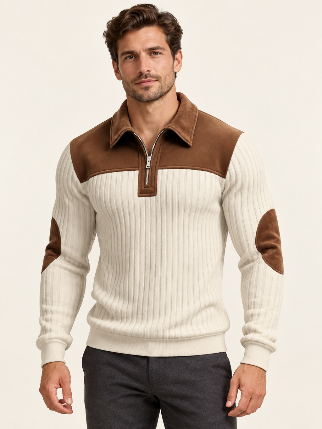 AZUKI off-white and brown ribbed half-zip long-sleeve polo on an adult male model; AI-assisted styling image