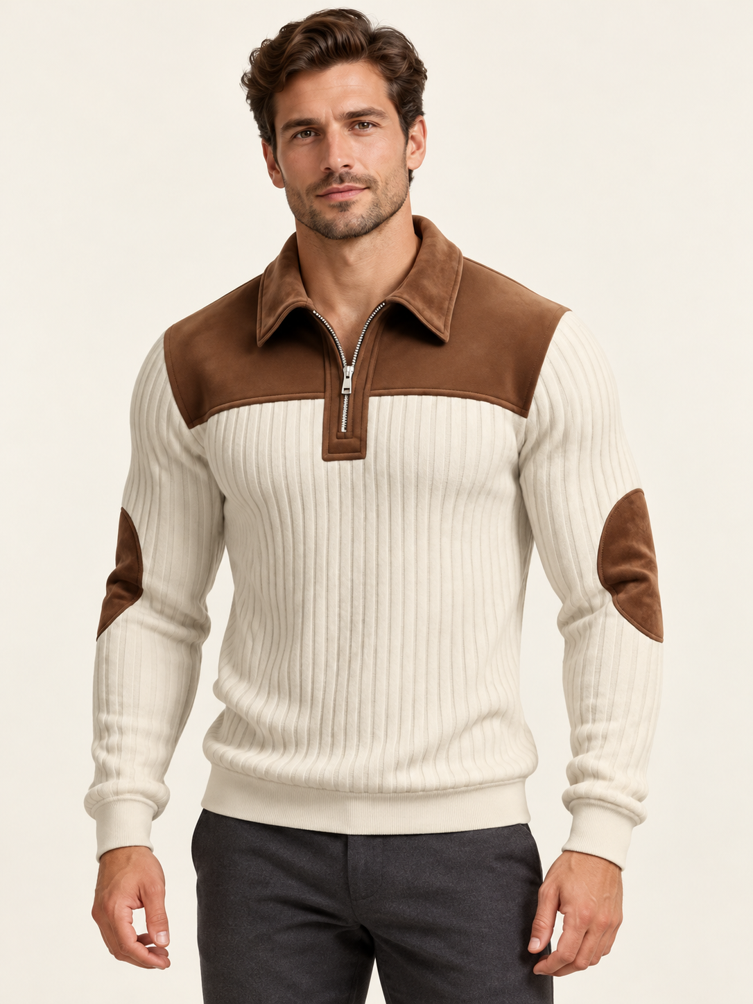 AZUKI off-white and brown ribbed half-zip long-sleeve polo on an adult male model; AI-assisted styling image