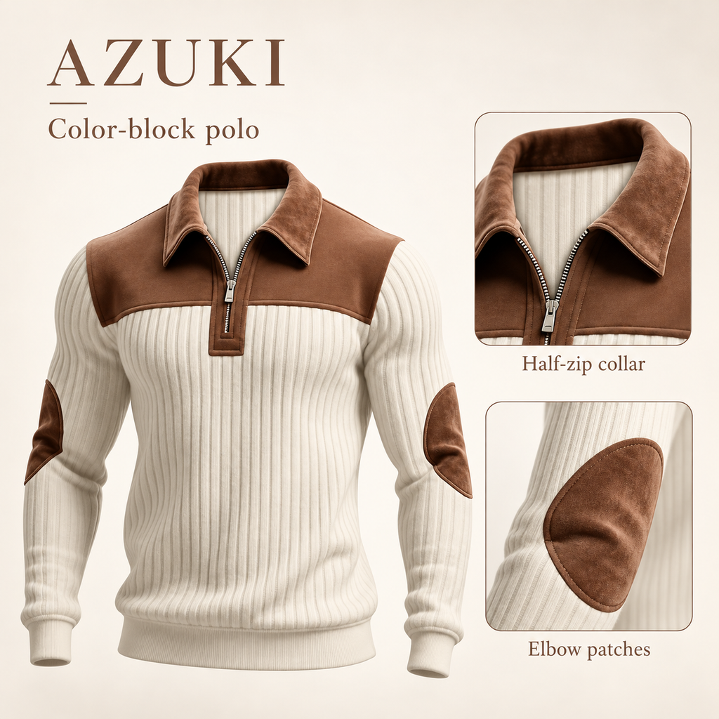 AZUKI off-white color-block ribbed half-zip polo product details