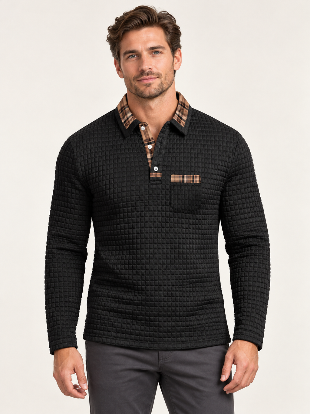 AZUKI black waffle-textured plaid-trim long-sleeve polo on an adult male model; AI-assisted styling image