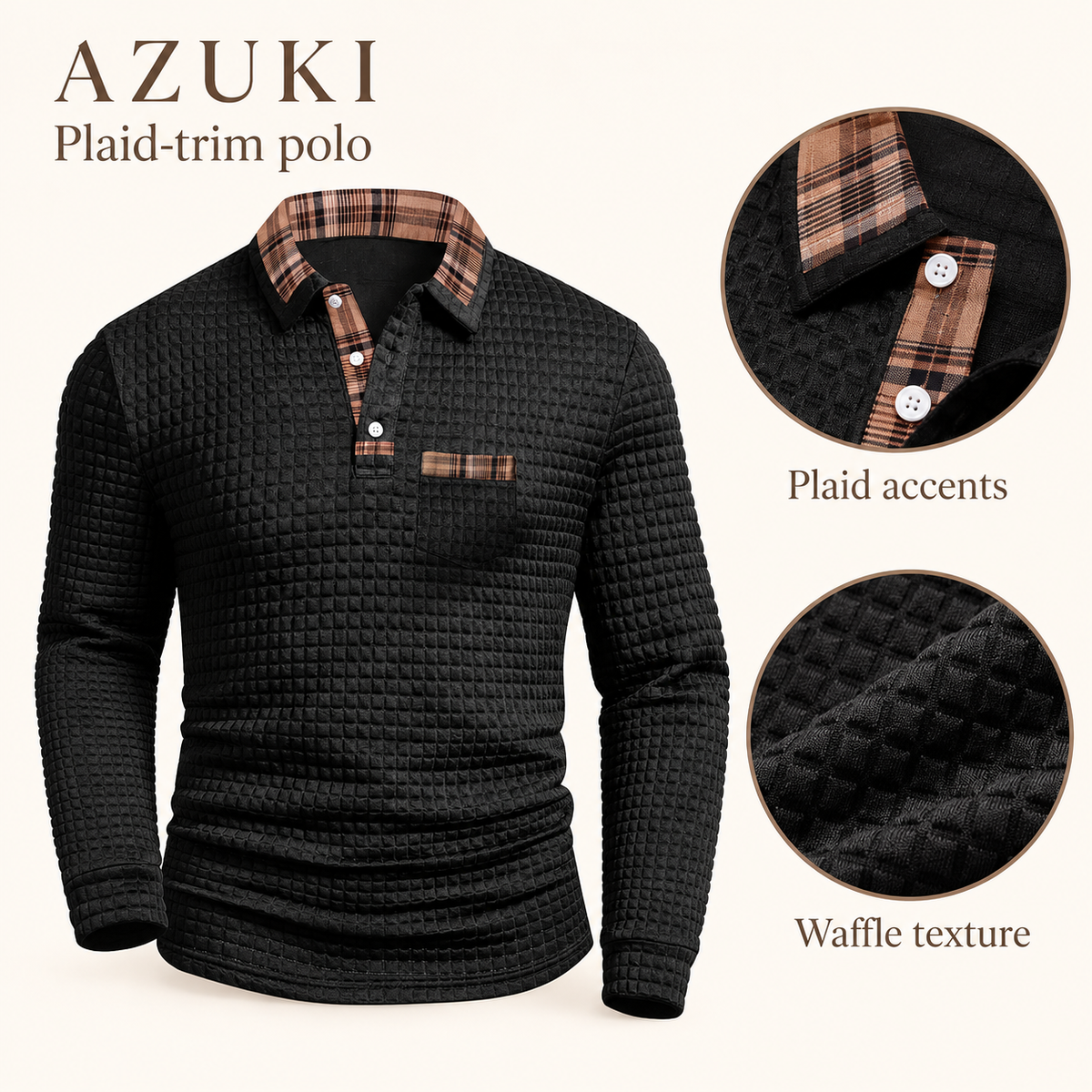 AZUKI black waffle-texture plaid-trim long-sleeve polo product details