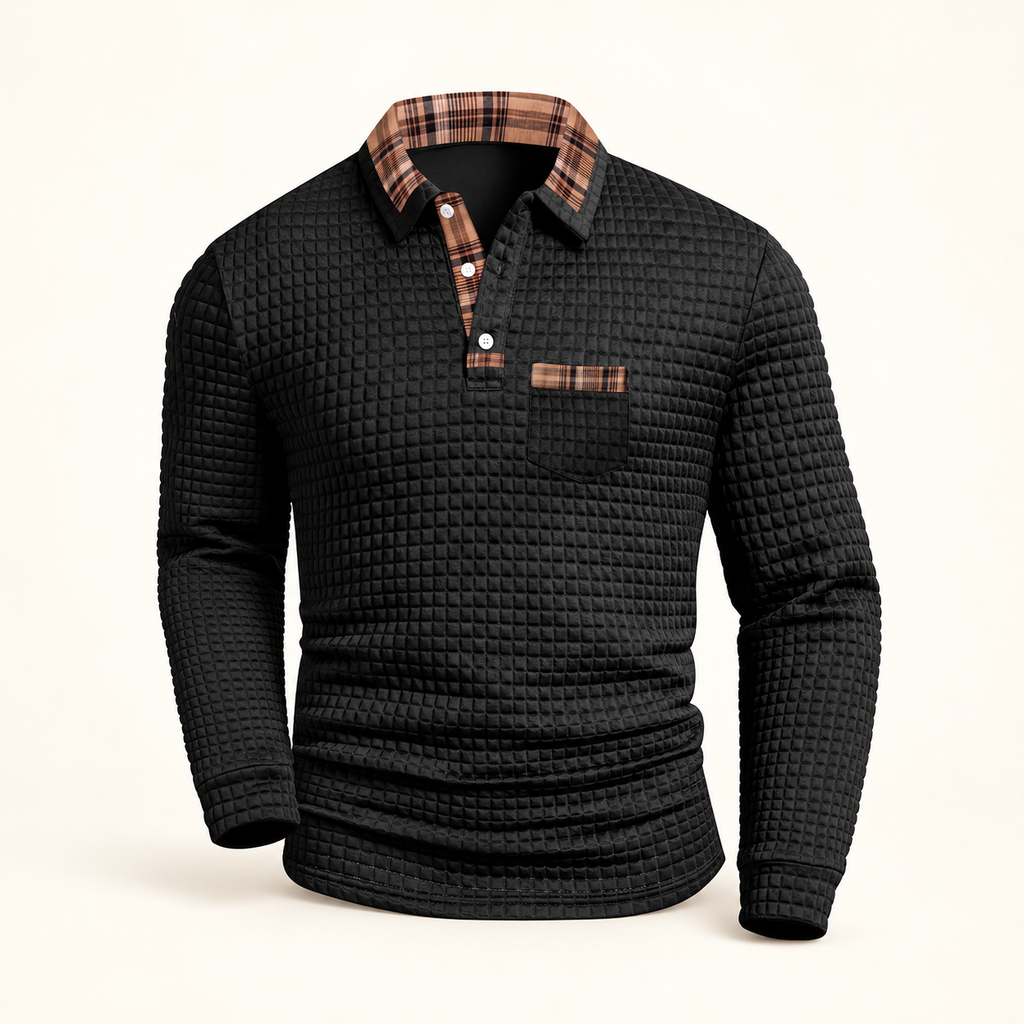 AZUKI black waffle-texture plaid-trim long-sleeve polo front view