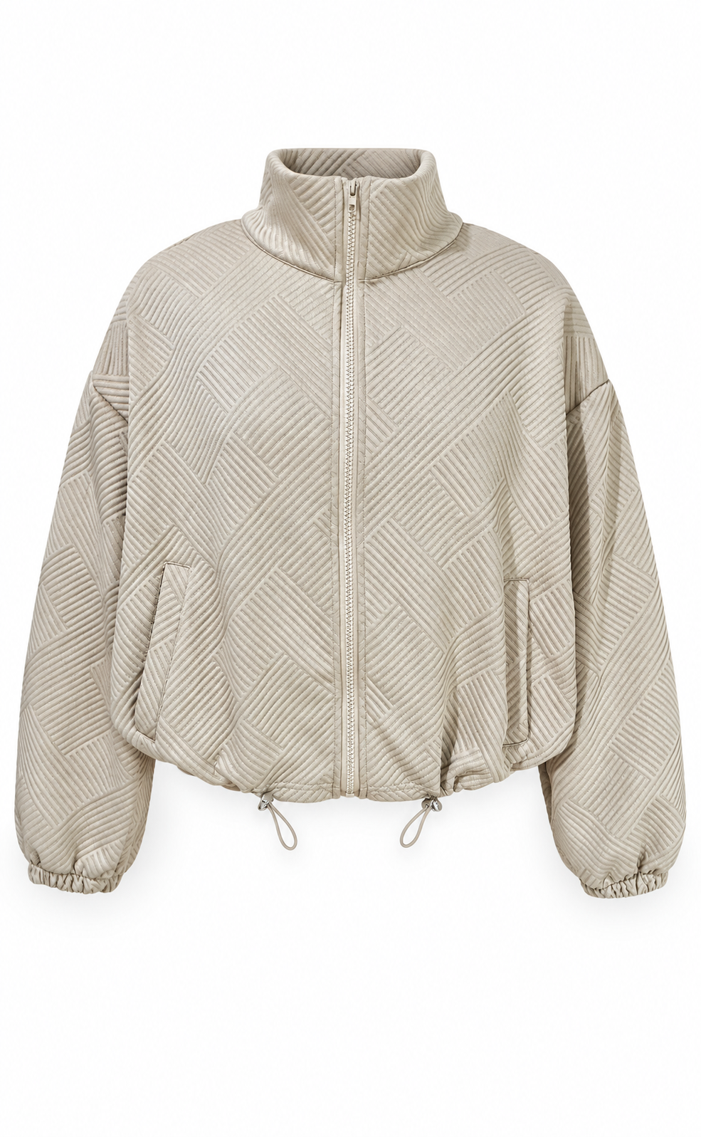 AZUKI light beige textured zip jacket, As Shown garment reference; AI-assisted mannequin-removal edit