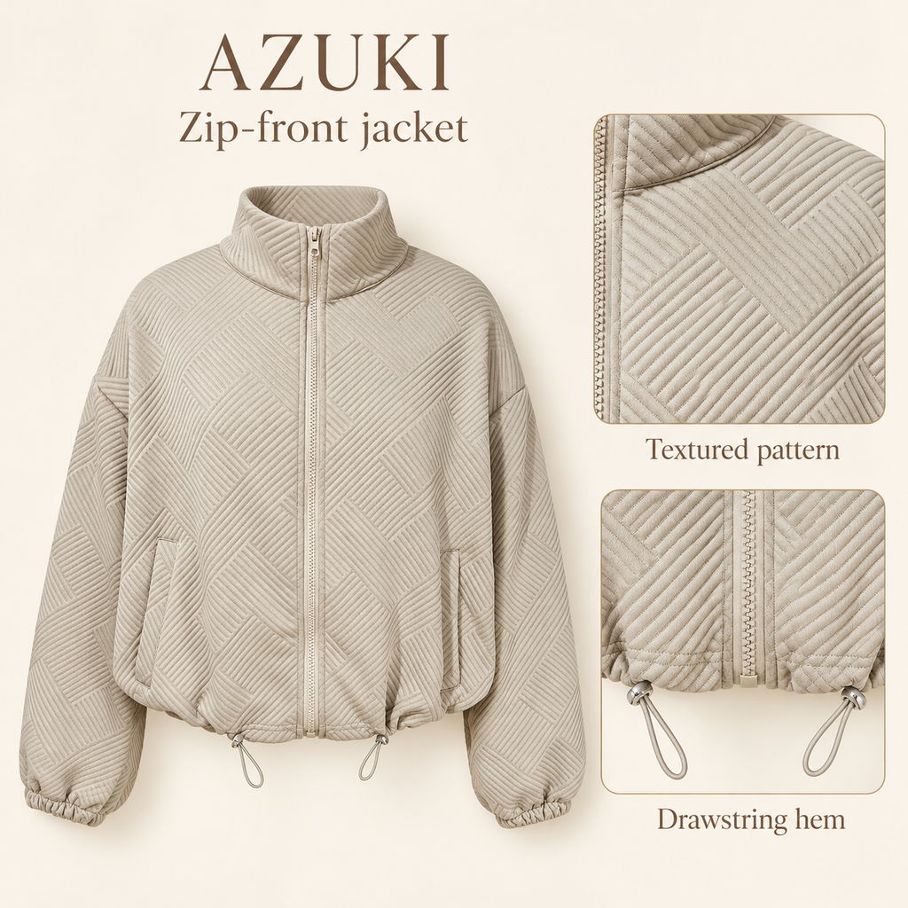 AZUKI women's beige textured zip-front jacket product details