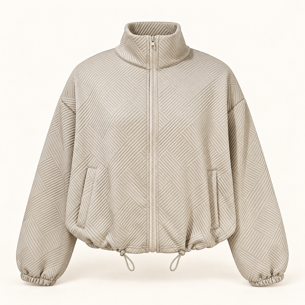 AZUKI women's beige textured zip-front jacket front view