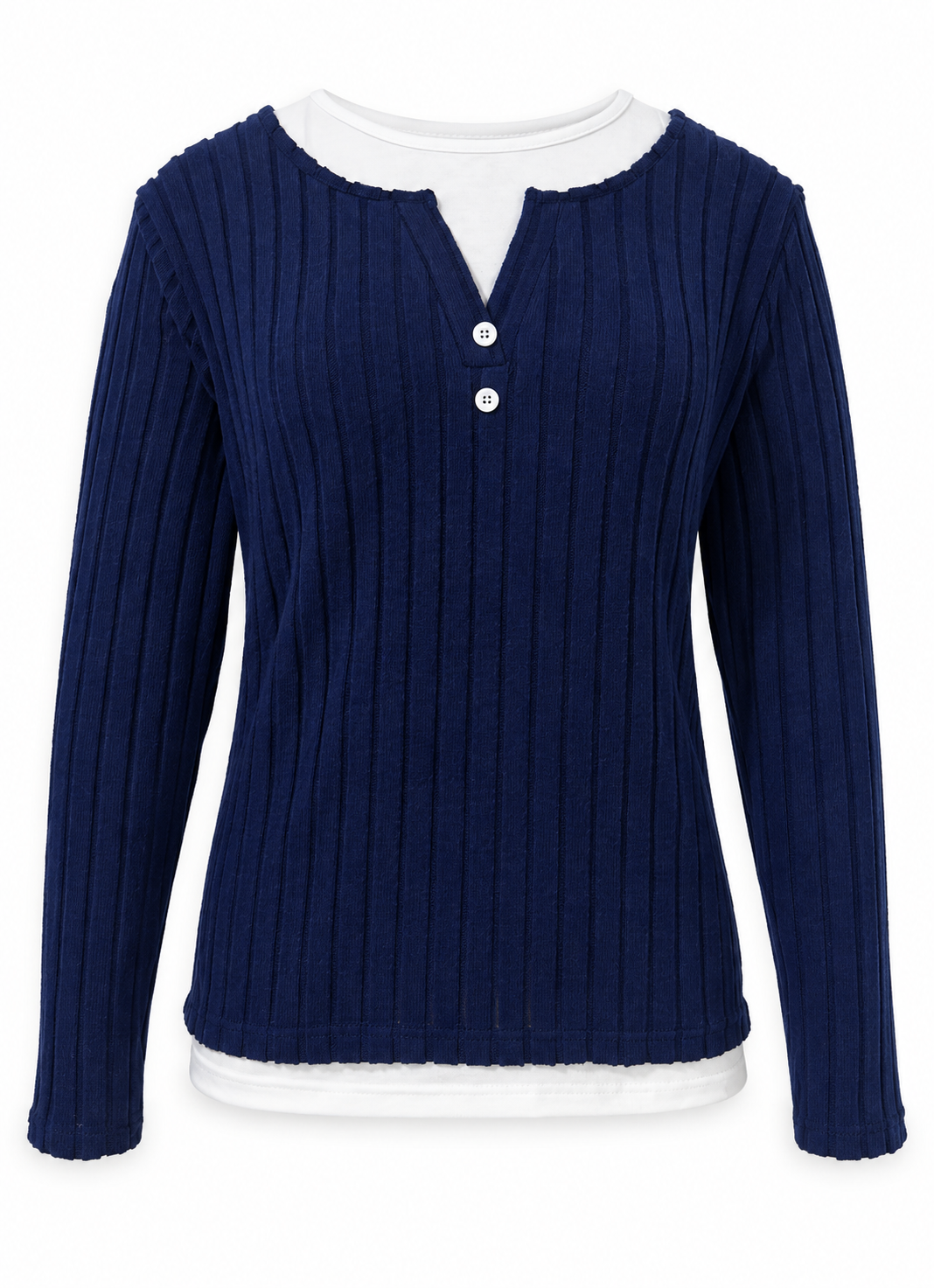 AZUKI navy layered-look ribbed button top, As Shown garment reference; AI-assisted mannequin-removal edit
