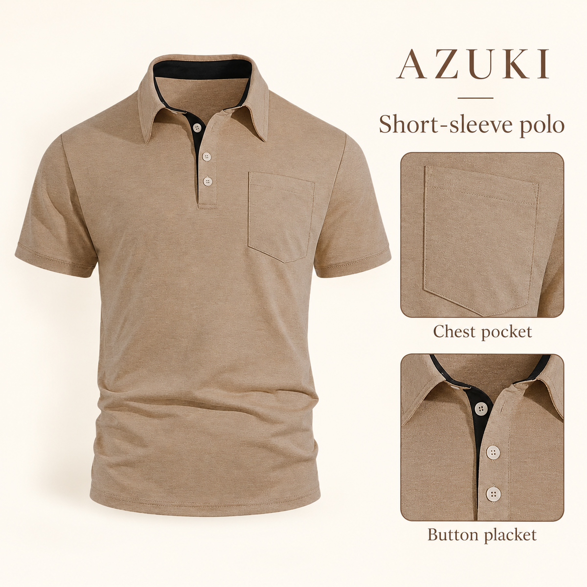 AZUKI men's heather camel short-sleeve pocket polo product details