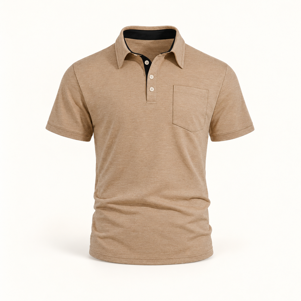 AZUKI men's heather camel short-sleeve pocket polo front view